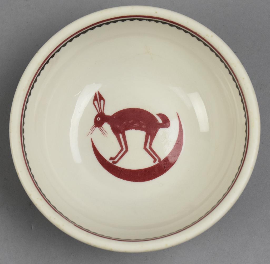 1963 Syracuse Santa Fe/Fred Harvey Ancient Mimbreno Bowl: Great piece of vintage Syracuse China in the Ancient Mimbreno Indian pattern. This cereal bowl was made expressly for Santa Fe dining car service. Date code on back indicates it was manufactured Octob