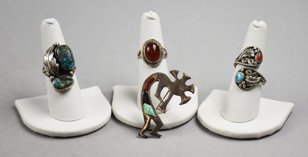 Vintage Navajo Sterling Kokopelli Brooch & Rings (1 of 8)