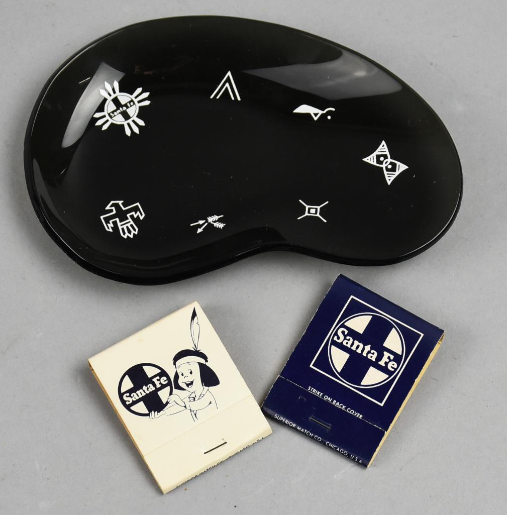 Vintage Santa Fe Railroad Glass Kidney Ashtray, Matchbooks (1 of 4)