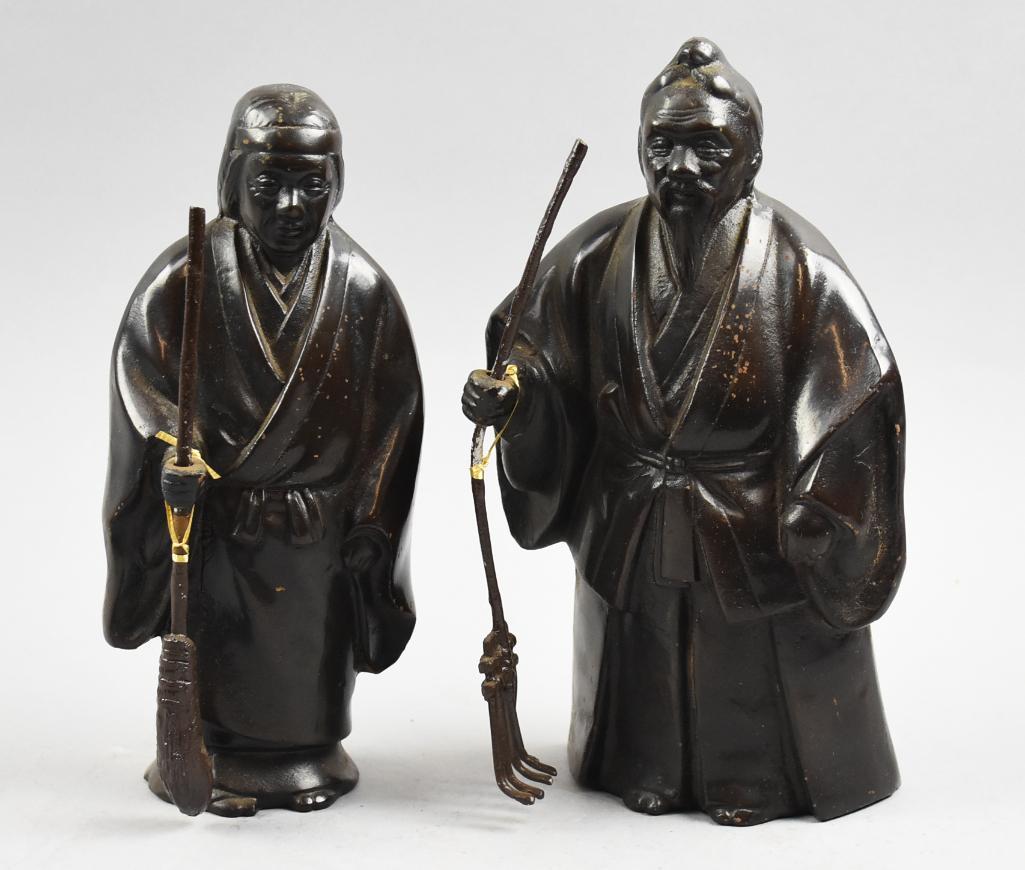 Vintage Japanese Bronze Uba and Jo Figurines, NOS: This pair of wonderful figurines appear bronze and are of Japanese origin. They are the couple, Uba and Jo, who represent marriage and longevity. She retains her original Made in Japan label, both are