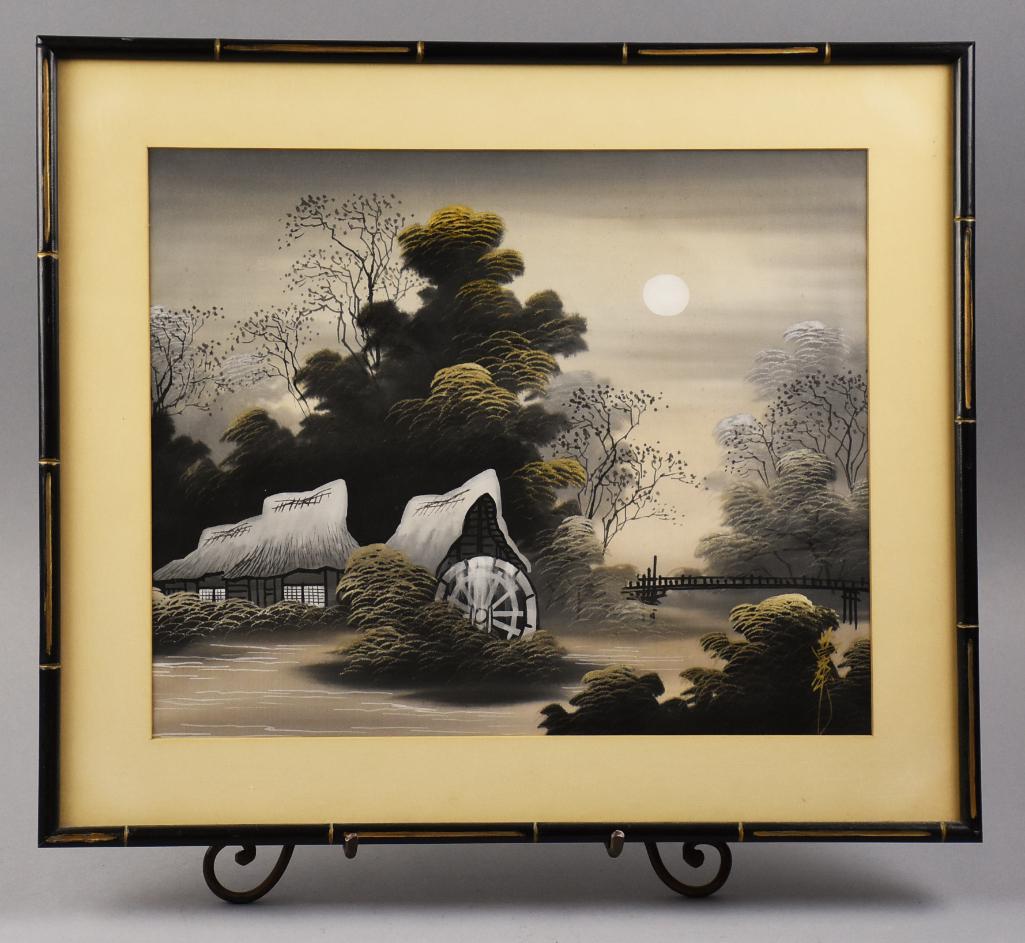 Mid Century Japanese Nighttime Landscape Painting on Silk: Stunning vintage painting appears to be of Japanese origin. This landscape is nighttime with the full moon shining over a home near water. Artist signed, frame measures 21" x 17.5" and framed by Dittm