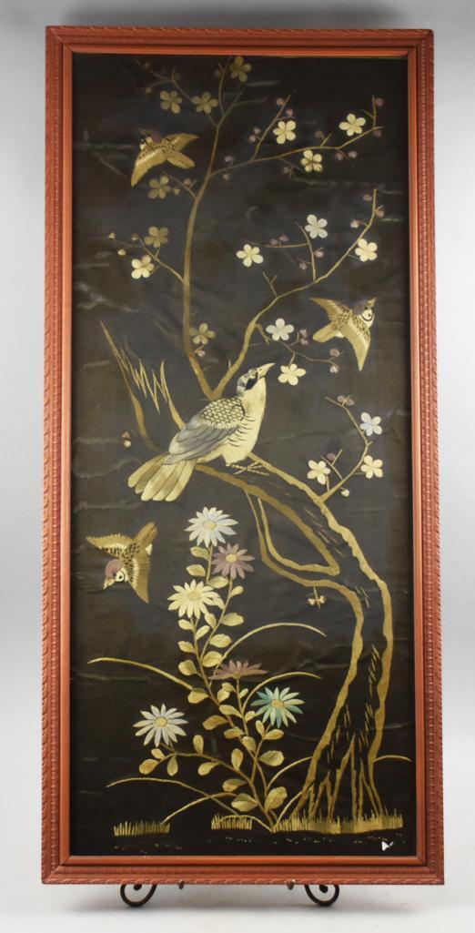 Victorian Silk Embroidered Birds in Flower Tree, Identified: This lovely old piece was done by Daisy Ella (Buckmaster) Sharp (1873-1958) who was born in California. She did an amazing job embroidering these birds, some in flight, some perched in a tree with sma