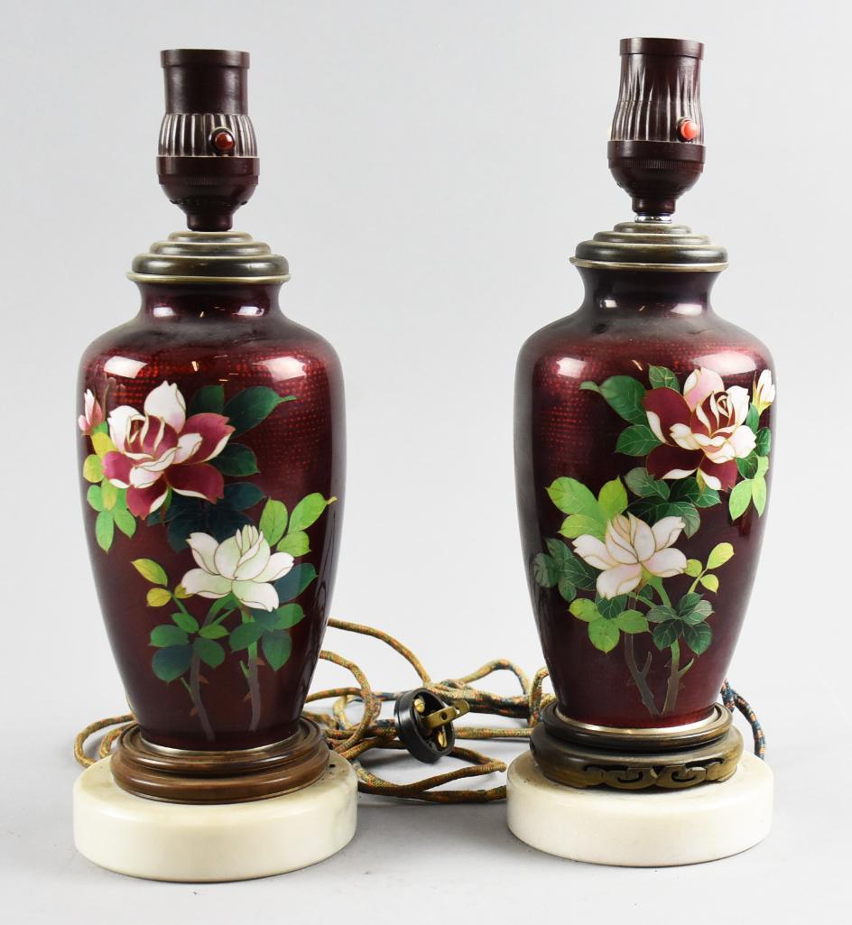 Vintage Pair Cloisonne Lamps, Roses Motif: These are beautiful cloisonne lamps with rich burgundy enameling with pink and white roses. Appear to be vases converted, wooden bases appear to be rosewood being attached to what appears to be marb