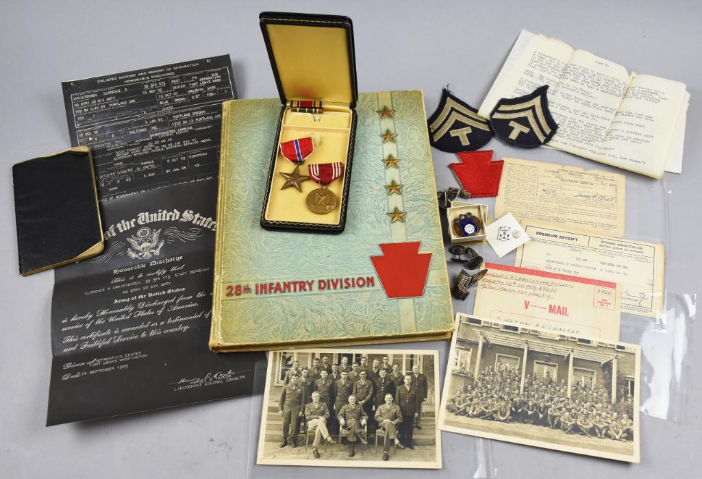 St. Sergeant Clarence Christensen WWII Archive, Medals & More: We are excited to bring you a rare World War II archive of the battles in Europe of the 28th Infantry Artillery Division. This archive includes Staff Sargent Clarence Christiansenâ€™s personal bl