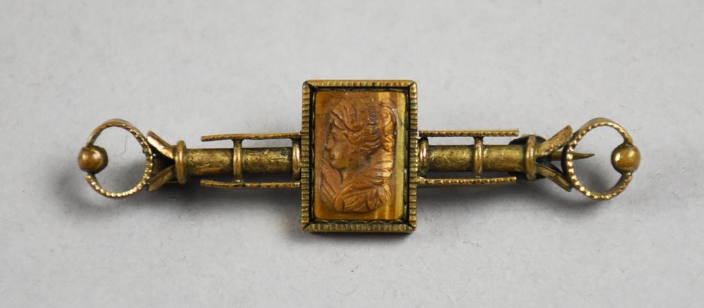 Victorian Gold Filled Tiger Eye Cameo Bar Pin (1 of 3)