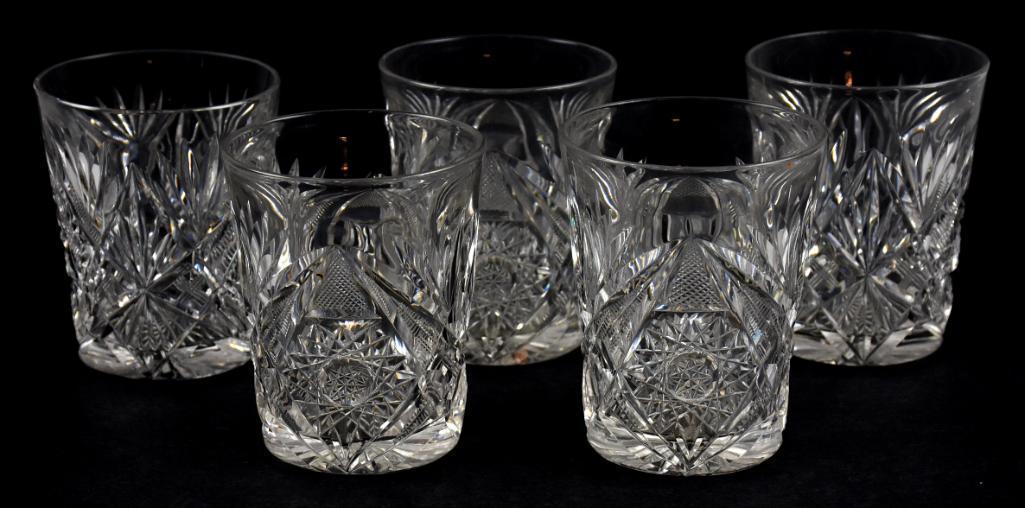 1896-1906 Libbey Cut Crystal Tumbler American Brilliant Cut: Lovely set of 5 brilliant cut crystal tumblers from Libbey Glass Co. They all are star and fan with cross hatching. They are marked with the Libbey logo with sword indicating production years from 189