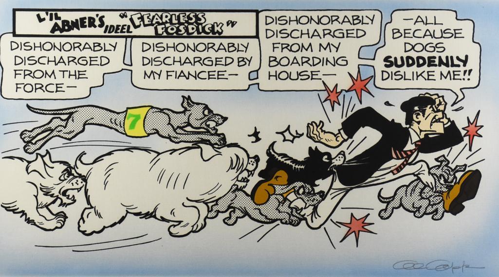 Signed Al Capp Serigraph Li'l Abner Fearless Fosdick, Ltd Ed: Cool Al Capp signed serigraph and number 139/250. This is Li'l Abner Fearless Fosdick?runs from a pack of dogs. Framed with matte and measures?28" x 41".