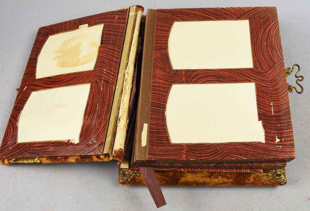 Victorian Musical Albums Photo Album, Works, Empty: This is a wonderful Victorian photo album. It is called a Musical Album and retains original operating instructions. Rust and gold velvet with mirror and brass overlay. Photo album is empty and ready 