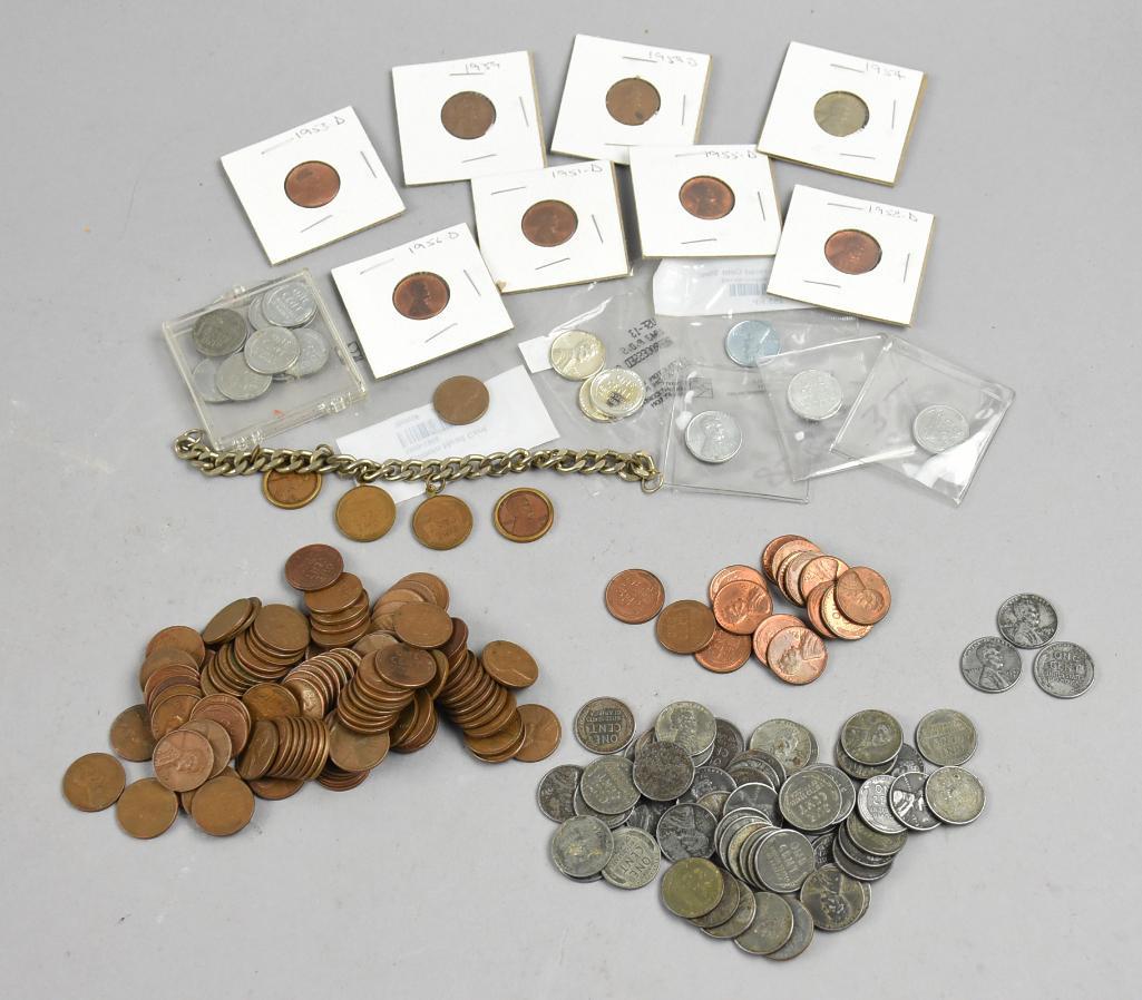 Huge Vintage Penny Lot, Copper and Steel, Unchecked: Huge Vintage Penny Lot, Copper and Steel. Unchecked and includes the beginnings of a penny charm bracelet.