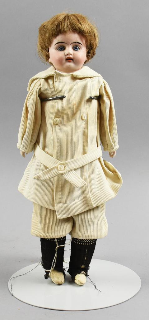 c1890 Armand Marseille Boy Bisque Head Doll, 14" Tall: This wonderful doll is an Armand Marseille bisque head boy, c1890. Wig appears to be human hair, blue paperweight eyes, open mouth with visible teeth and small chin dimple. Shoulder marked with 1370 o