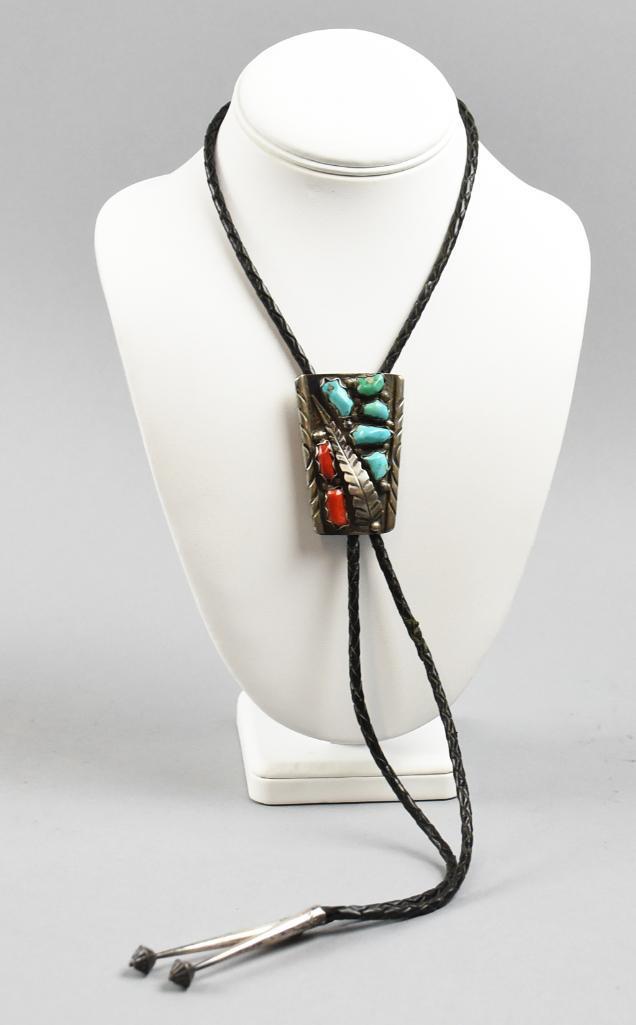Vintage Wayne Cheama Zuni Sterling, Turquoise, Coral Bolo (1 of 5)