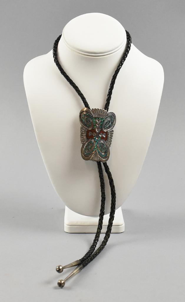 Vintage Navajo Sterling, Turquoise, Coral Signed Bolo (1 of 7)