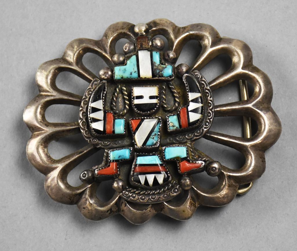 Vintage Zuni Sterling, Multi Stone Dancing Eagle Buckle (1 of 3)