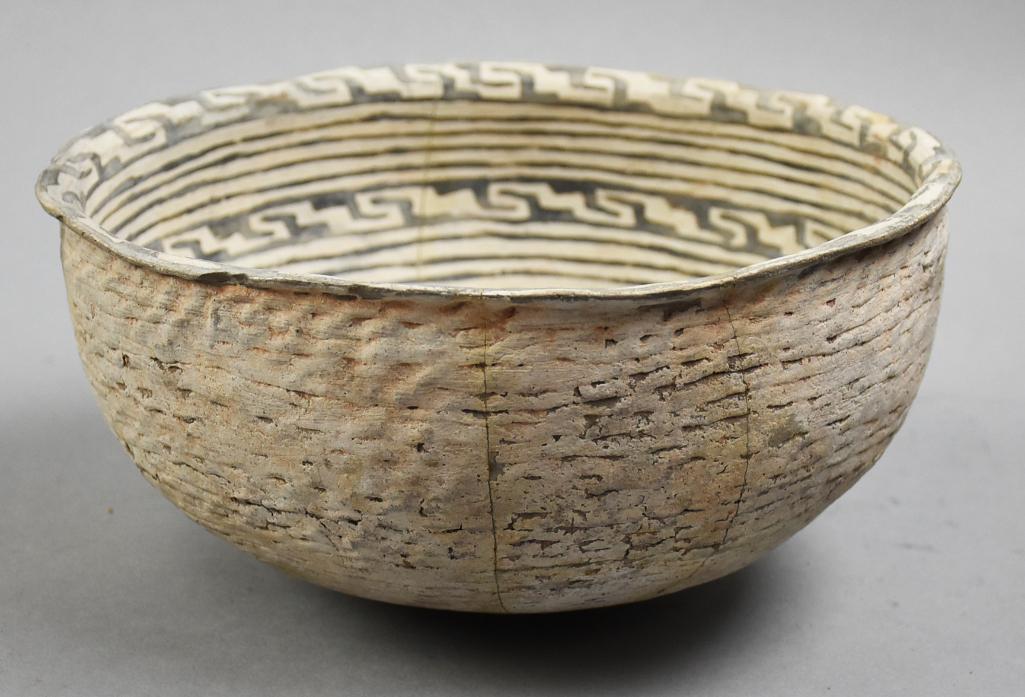 650-1325 AD Ancestral Puebloan Cibola Black on White Bowl: This wonderful bowl is identified by owner as Ancestral Puebloan dating from 650-1325 AD. Cibola, Arizona, coiled and scraped, black Greek Key style design on white. Measures approx 4.5" tall x 8.5" 