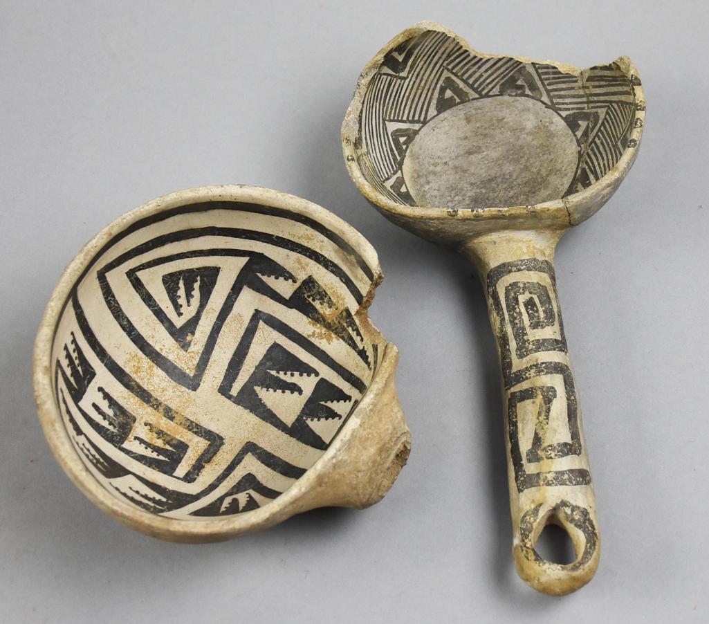 1100-1300 AD Anasazi Kayenta Black on White Ladles: One of these ladles has been identified as of Anasazi (Central Arizona) culture dating 1100-1300 AD, the other appears to be Anasazi culture with similar date range. Both are black on white, geometri