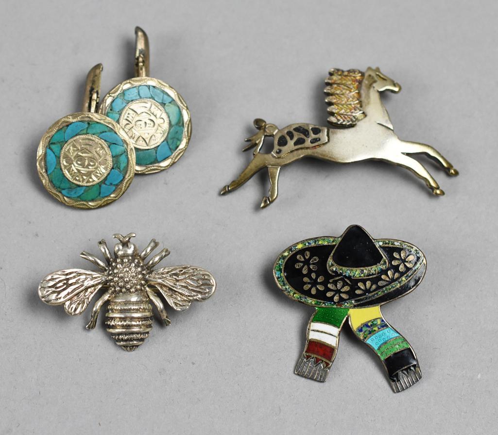 Vintage Taxco Mexico Sterling Jewelry Lot, Arias & More: All of these pieces appear to be Mexican sterling, one, the running horse is just stamped sterling and may not be. There is also a bee, sombrero with enamel by Miguel Arias and a pair of cufflinks inl