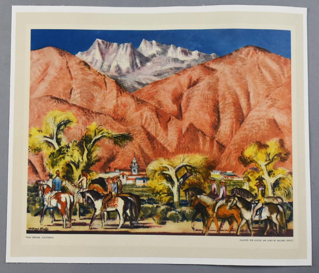 c1950 Millard Sheets (1907-1989) Palm Springs/United Airlines: Lovely print of the original art by Millard Sheets (1907-1989). It is of Palm Springs, California, commissioned by United Airlines. Mounted on linen and measures 12.5" x 15". Millard Sheets was one of