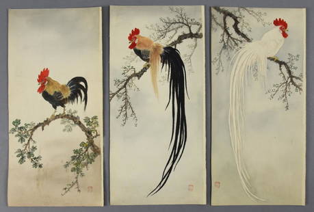 c1930 Nihonga-Japanese Paintings, Rooster Paintings: Very cool grouping of Nihonga or Japanese Paintings. Each are believed to be from 1933, the year of the rooster (ondori). They all are painted chickens, two with long tails ((onagadori), all in a tre