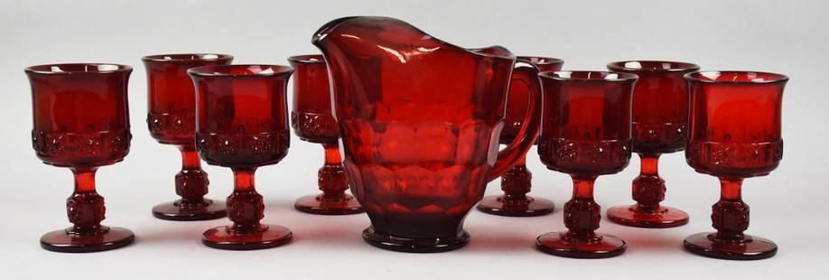 Vintage LG Wright and Viking Ruby Glassware: "This pretty lot is all vintage ruby glass. Lot is an LG Wright Glass Daisy and Cube in ruby goblets all measure 6"" tall and Viking Georgian in ruby red pitcher measures 8"" tall."