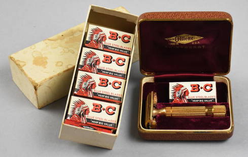 c1950 Gillette Aristocrat Razor  Original Box  Extra Blades: Cool vintage razor from Gillette. Model is the Aristocrat with gold plating. Comes in the original box that is velvet and satin lined. Comes with 12 boxes of BC blue steel blades and one Gillette thin