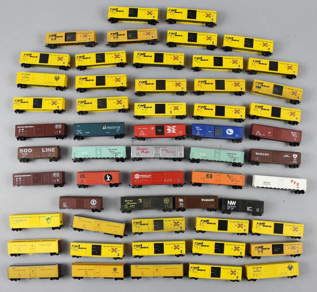 50+ N-Scale Con Car Rail Box & More Train Cars: N-Scale Con Car Rail Box & More Train Cars . At least 50 cars included in this lot. From the estate of a husband and wife super collector team.