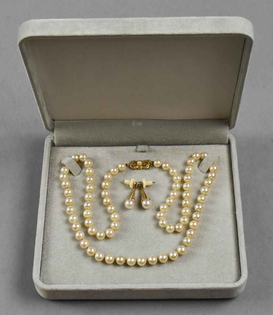 18K Yellow Gold Mikimoto AA Pearls Necklace and Earring Set (1 of 9)