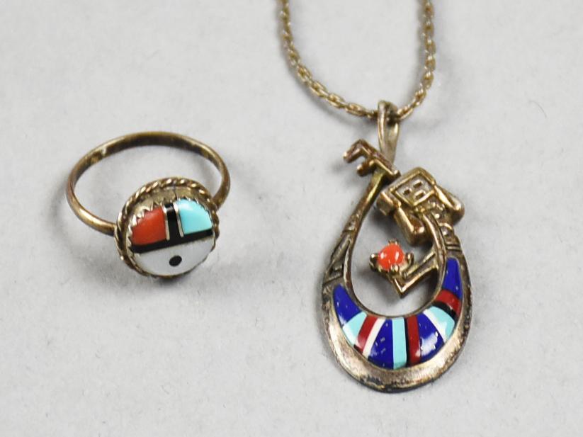 Vintage Zuni Sterling Inlay Yei Pendant Necklace, Sun Ring (1 of 8)