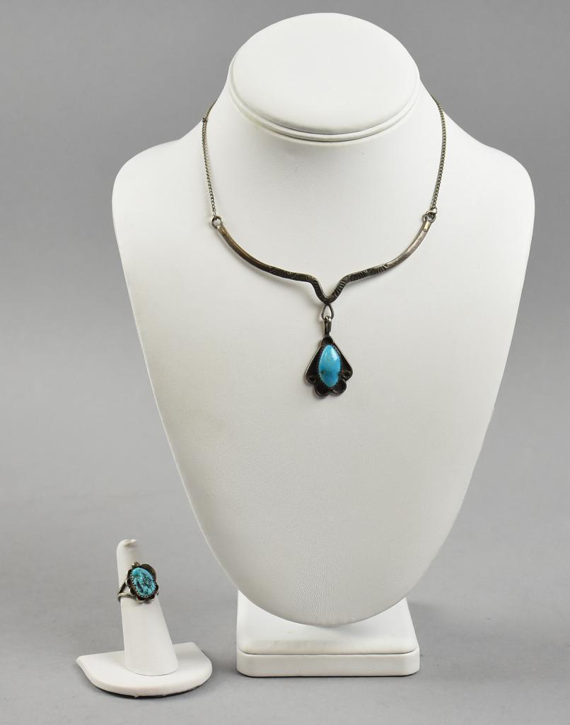 Vintage Navajo Sterling & Turquoise Necklace & Ring (1 of 7)