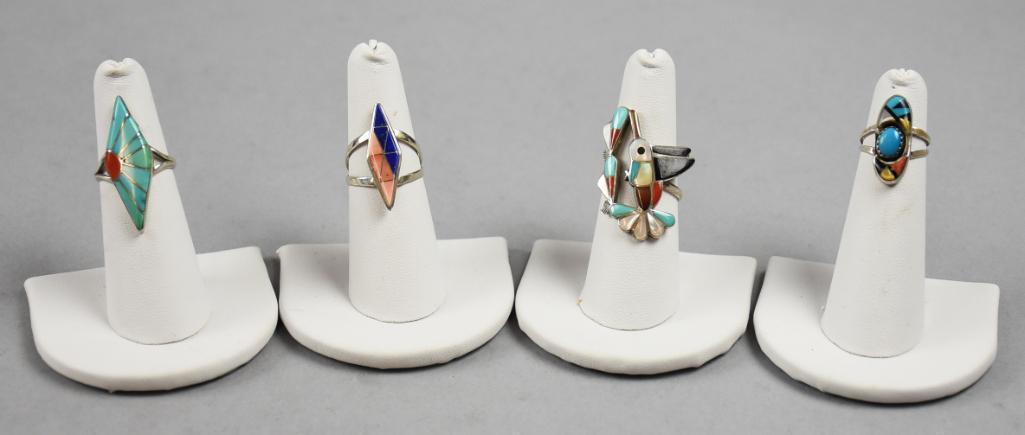 (4) Vintage Native American Sterling & Stone Rings, Signed (1 of 6)
