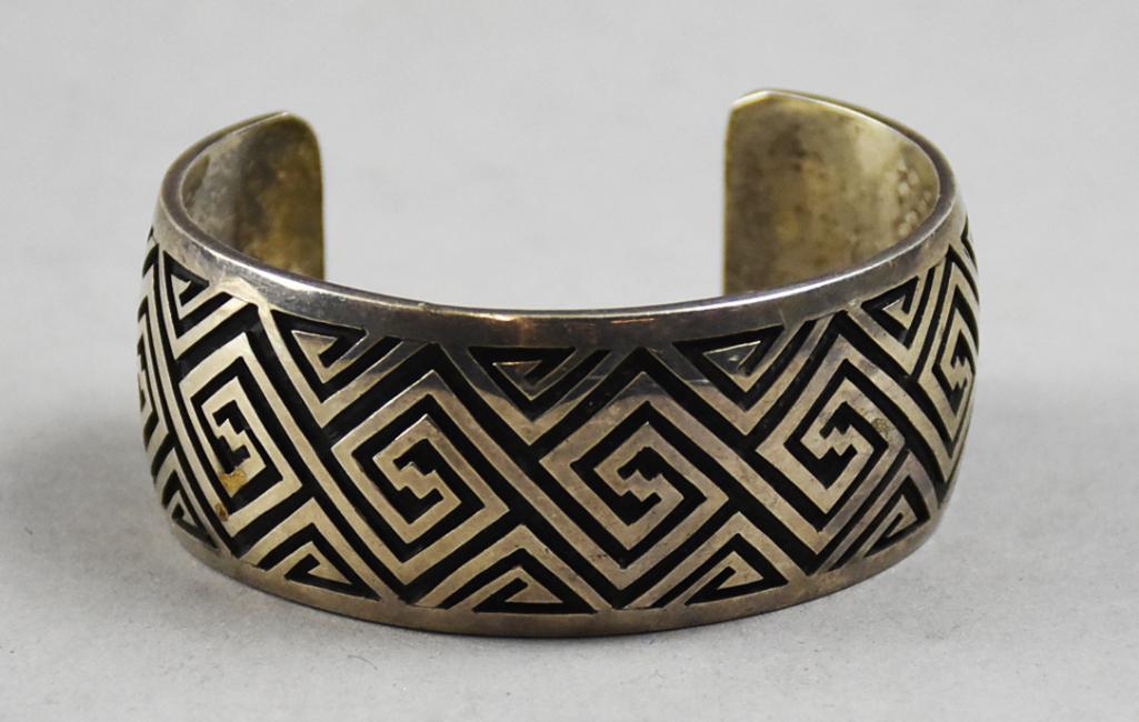 Vintage Hopi Watson Honanie Sterling Cuff Bracelet: Lovely vintage cuff bracelet by Hopi jewelry artist Watson Honanie. Has a wonderful block coil design in the Anasazi style. The artist mark is visible on both open ends, not marked for sterling conten