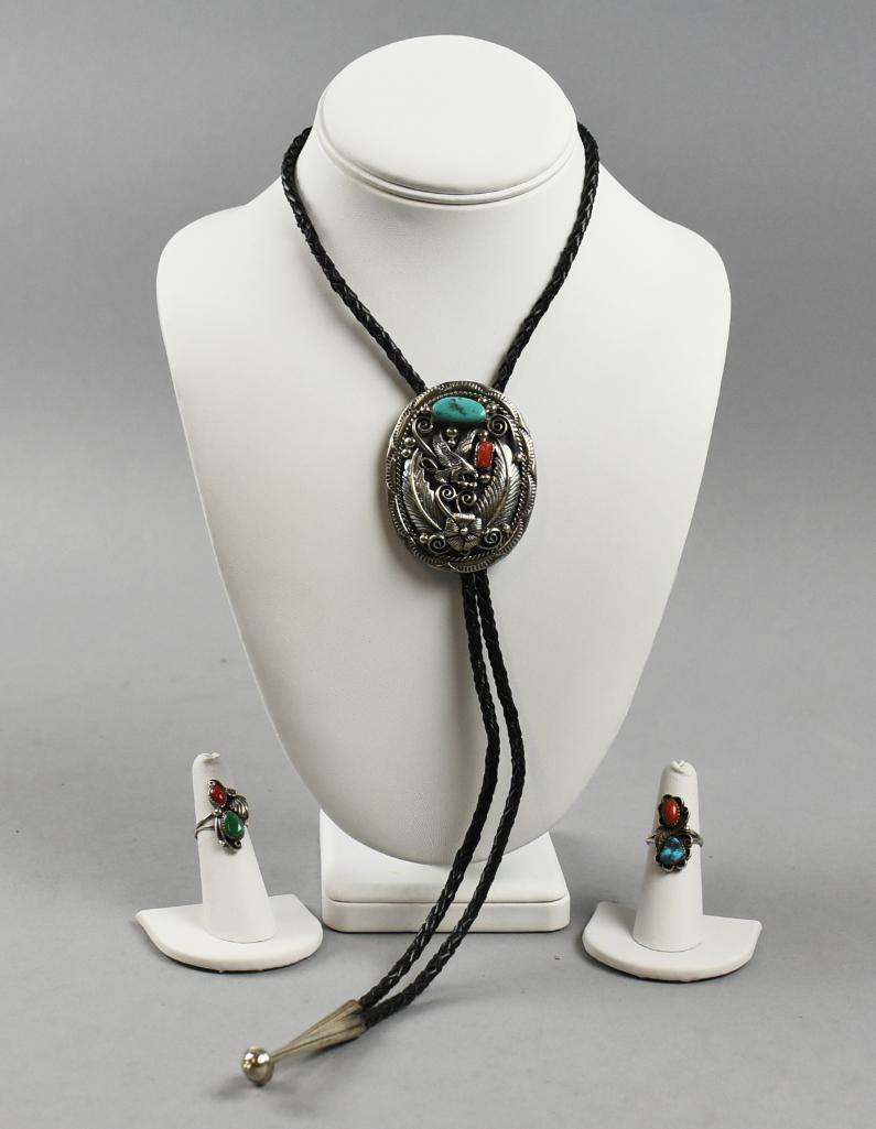 Vintage Navajo Sterling & Turquoise & Coral Bolo Tie + Rings (1 of 6)