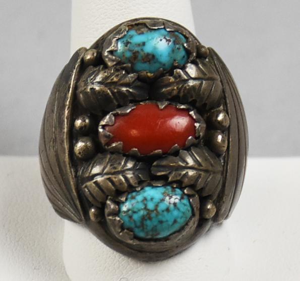 Vintage Old Pawn Signed Sterling, Turquoise & Coral Ring (1 of 5)