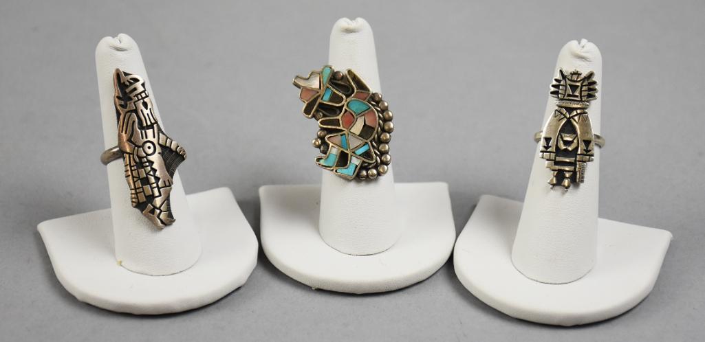 (3) Vintage Navajo Sterling Kachina Rings, Signed (1 of 6)