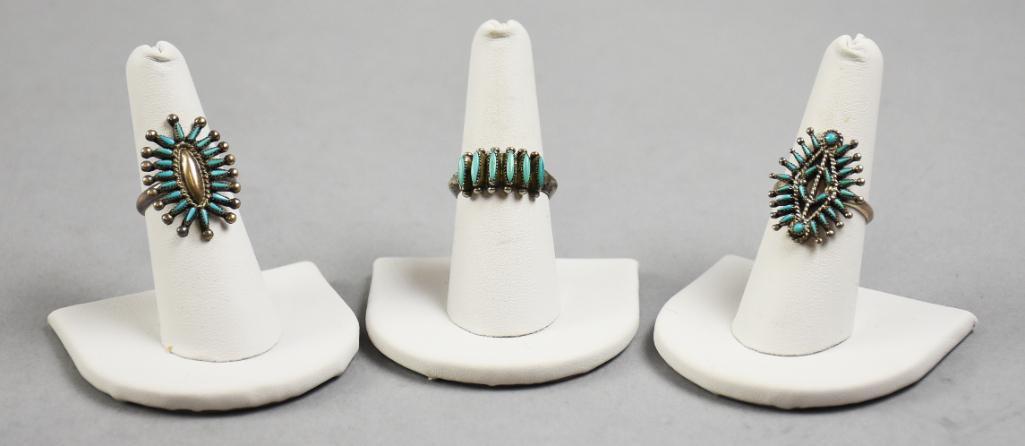 (3) Vintage Zuni Sterling & Turquoise Rings, Signed (1 of 8)