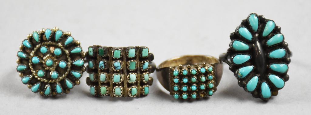 (4) Vintage Zuni Sterling & Turquoise Rings, Signed (1 of 6)