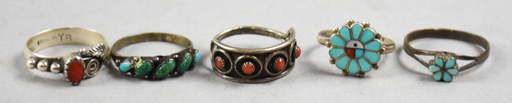 (58) Vintage Native American Sterling & Stone Rings, Signed (1 of 5)