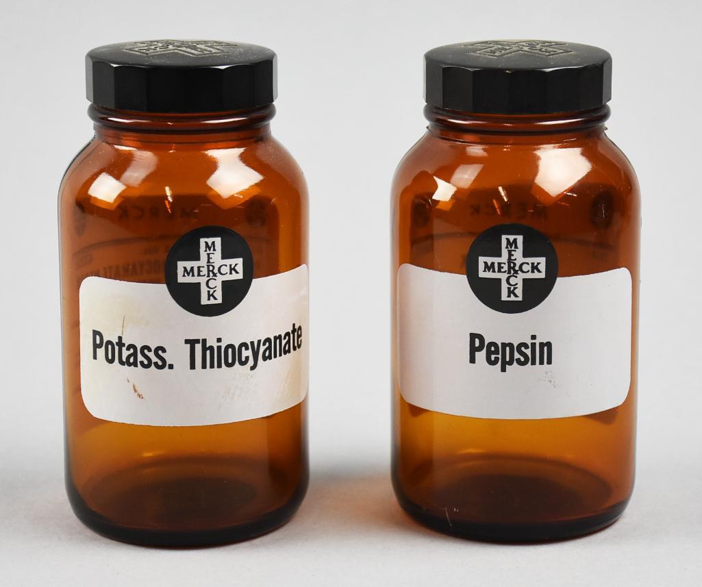 Vintage Horton & Converse Pharmacy Medicine Bottles: These great looking medicine bottles were from the Horton and Converse Pharmacy in Pasadena, CA. The labels appear original from Merck & Co pharmaceuticals. Lids appear to be bakelite. Both are approx