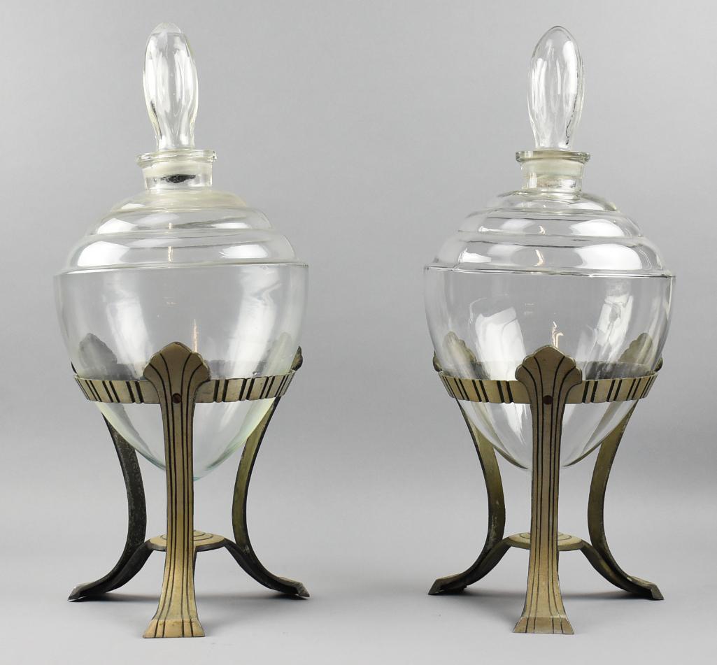 c1930 Art Deco Glass Apothecary Jars, Aluminum Stands Horton & Converse. (1 of 10)