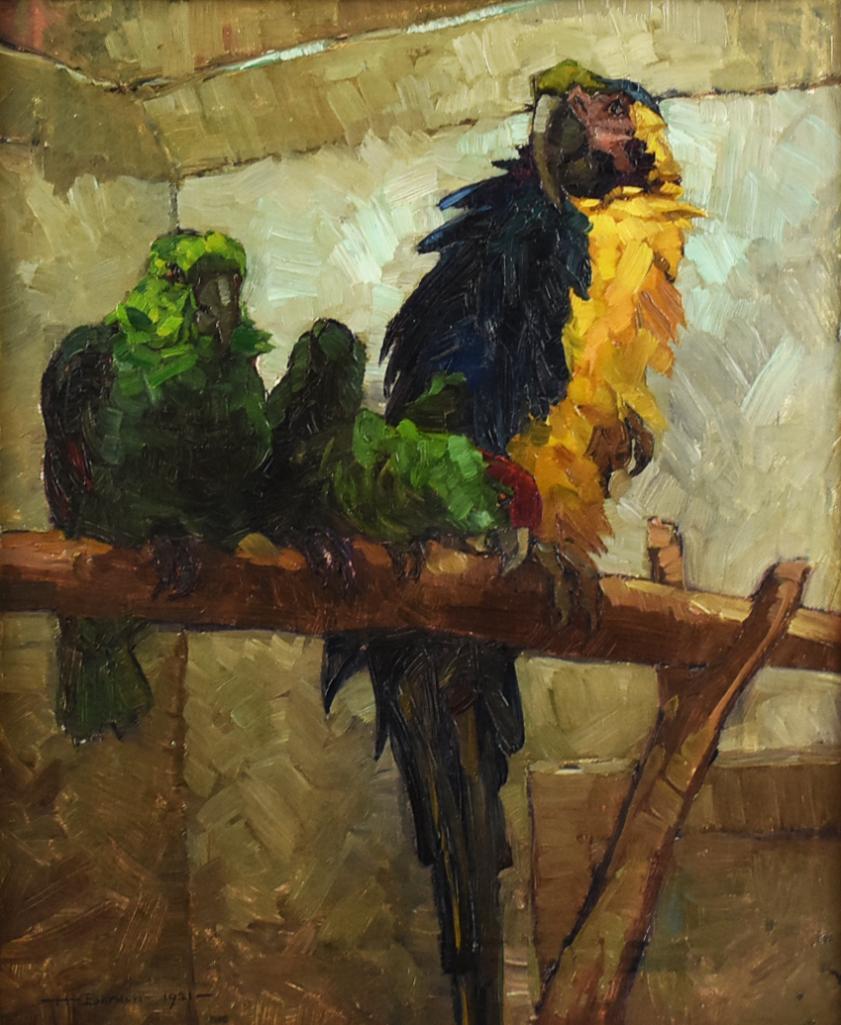 1921 Hilde Boklen (1897-1987, German) Oil, Parrot & Parakeet (1 of 5)