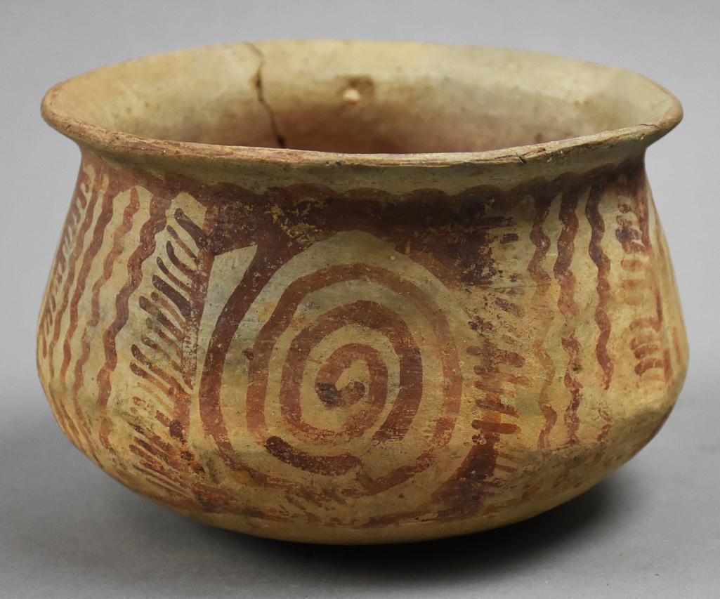 850-950 AD Hohokam Polychrome Red on Buff Bowl: This is a wonderful piece of Hohokam (Southern Arizona) culture, dating 850-950 AD. Polychrome red zigzag lines and coils on buff or light tan clay. Measures approx 4" tall x 6" wide. NOTE: From the c