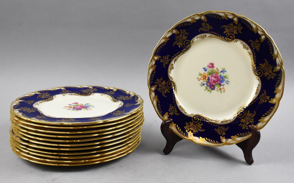 c1920 Lenox Cobalt & Gold Gilt Plates, Floral Transfer (1 of 5)