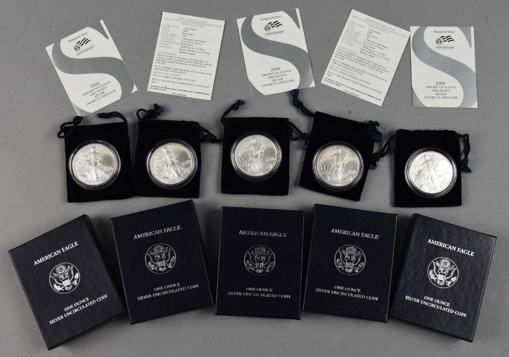 (5) 2006 1 Oz 999 Silver American Eagle Coins, Uncirculated (1 of 3)