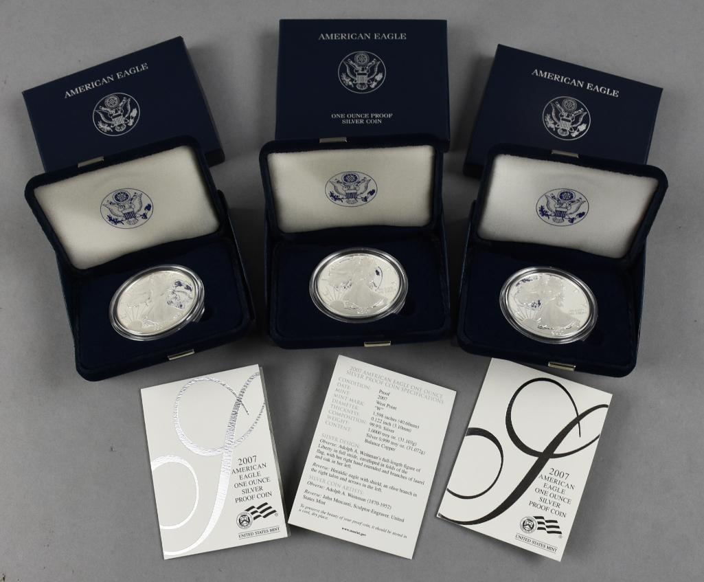 (3) 2007 1 Oz 999 Silver American Eagle Coins, Uncirculated (1 of 3)