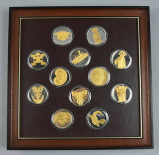 1978 Franklin Mint Museum of Gold, Gold & Silver #690: Very lovely set of 12 medallions from the Franklin Mint. Each is a 1oz solid sterling coin with 24K gold vignettes on each. It is a limited edition #690 proof set from the Museum of Gold. Comes in the