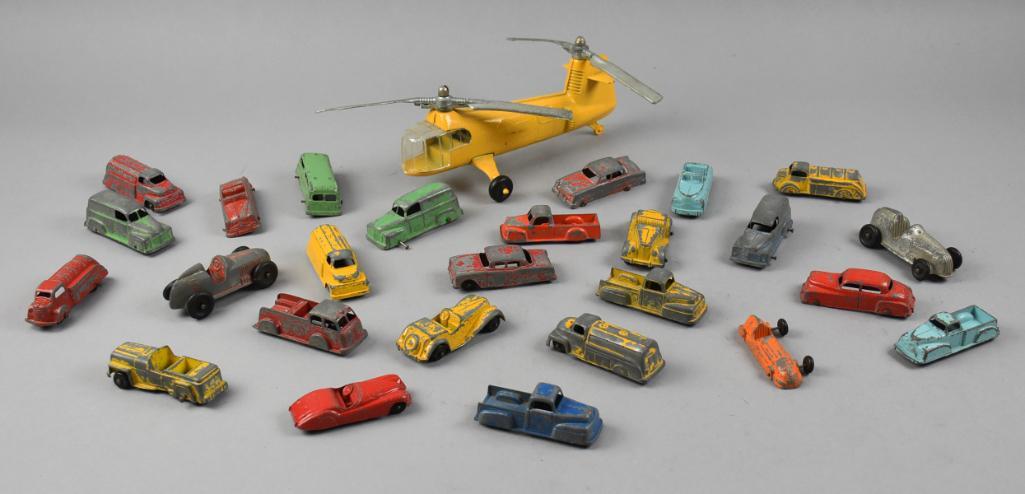 Approx 25 Vintage Diecast Toy Cars, Tootsie, Hubley: There are approximately 25 Vintage Diecast cars in this lot with many being TootsieToys. Included is a Hubley helicopter from the 1950s. All in nice vintage used condition with some having a little mo