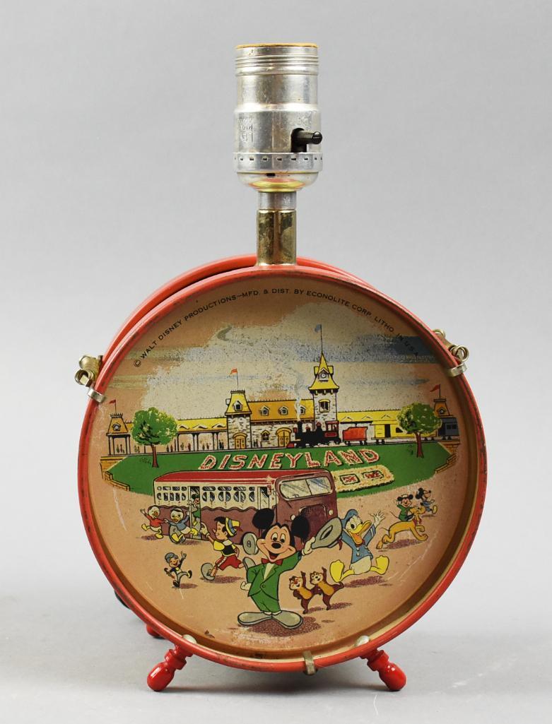 Vintage Walt Disney Econolite Drum Lamp, Works!: This is a great looking vintage Walt Disney Productions drum lamp featuring litho Disneyland graphics on each side. Lamp was manufactured and distributed by Econolite Corp. The cord appears to be ori