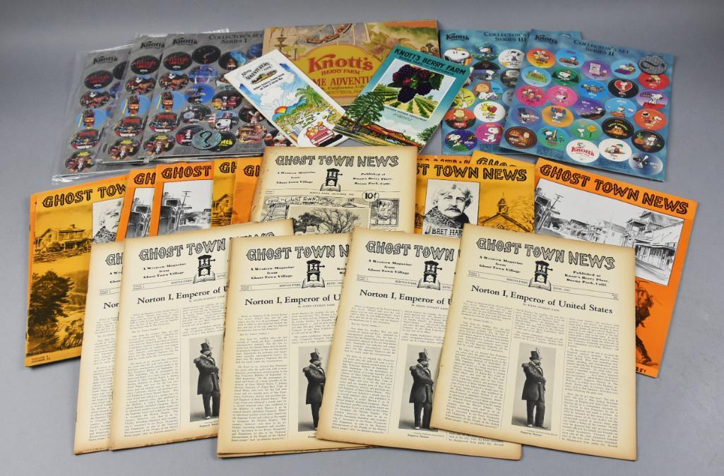 (30) Vtg Knott's Berry 1940s Farm Ghost Town News & More: These great magazines and brochures are all from Knott's Berry Farm. There are many Ghost Town News magazines all dating from the 1940s, some POG Collector Series books, souvenir maps with one for the