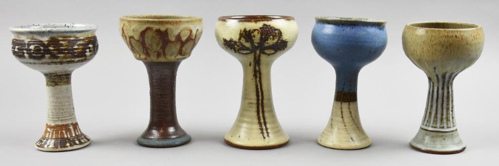 Jackie Carl Art Pottery Artist MCM: All of these cool retro goblets are from pottery artist, Jacqueline "Jackie" Carl. The are hand thrown, some having incised decorations all under warm tone glazes. All are signed inside that stem