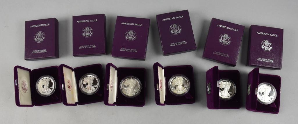 (6) 1986-90, 1993 999 Silver American Eagle Proof $1 Dollar Coins (1 of 4)