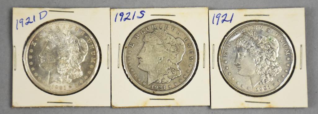 1921, 1921 S & 1921 D Morgan Silver Dollars, VG to Fine (1 of 2)
